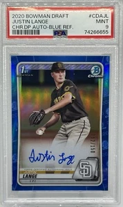 2020 BOWMAN CHROME DRAFT JUSTIN LANGE AUTO BLUE REFRACTOR RC /150 PSA 9 YANKEES - Picture 1 of 4