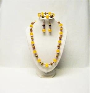 Deep Yellow Acrylic w/Milky Yellow Splatter Glass Beads Necklace/Bracelet/Earrin - Picture 1 of 10