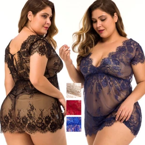 Plus Size Women Sexy Lingerie Lace Babydoll Sleepwear Sheer Nightgown Chemise US - Picture 1 of 28