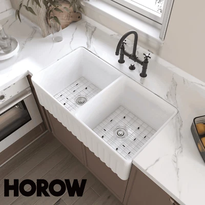 HOROW 36'' Undermount Kitchen Sink Farmhouse Apron Sink Ceramic With Strainer - Image 1 of 4