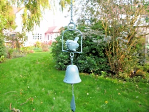 Cast Iron Decorative Hanging Bell With Bird Garden Gift in Antique Blue Finish - Picture 1 of 8