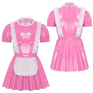 Mens Dress Back Zipper Uniform Puff Sleeve Maid Costume Shiny Cosplay Nightclub - Picture 1 of 32