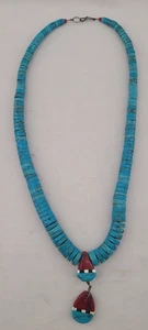 Vtg Unique Santo Domingo Artisan Graduated Turquoise Disk Pendant Necklace 25” - Picture 1 of 20