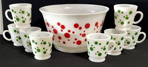 Vintage 50's Hazel Atlas DOTS Pattern Tom & Jerry Punch Bowl Set Bowl & 8 Cups - Picture 1 of 4