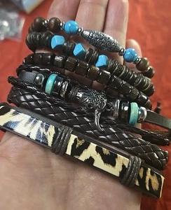 Bracelet Stack Western Style Faux Leather , Wooden And Stone Beads Adjustable - Picture 1 of 7