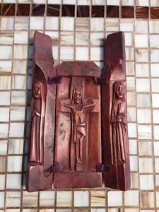 Vintage Folk Art Carved Wood Religious Triptych - Picture 1 of 6