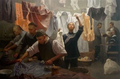 Mian Situ " Chinese Family Laundry, Limited & Signed Canvas ART RARE 1849 U.S.A - Image 1 of 4