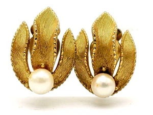 Pendientes de lino de hojas de oro y perlas vintage con clip - Imagen 1 de 16