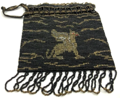 Antique French Gryphon Griffin Micro Steel Purse Beaded Tassel Drawstring - Image 1 of 4