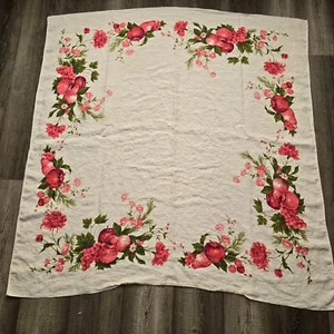 Vintage Tablecloth 50s Fruit Boarder Table Linen 46 x 48 Red Cottagecore Retro - Picture 1 of 17
