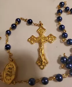 Gold Catholic Blue Beads Rosary Necklace Miraculous Medal & Cross♡♡ NEW - Picture 1 of 3