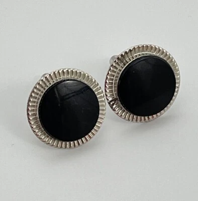 Gemelos De Colección Destino Redondos Piedra Negra Tono Plata Art Nouveau Declaración Foto 1 de 4