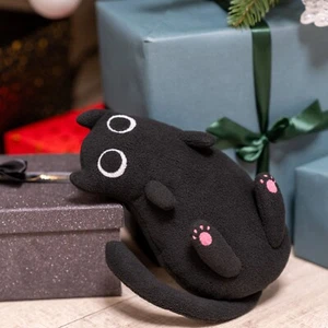 Schwarze Katze Plüschtier - Handgefertigtes Katzenplüschie mit rosa Pfoten, süßes weiches Stofftier - Bild 1 von 7