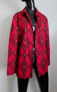 KASPER Size 10 Linen Rayon Deep Red Southwestern Print Open Front Jacket - Picture 1 of 7
