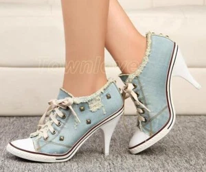 Womens Canvas Shoes Denim High Heels Rivets Shoes Pointy Toe Sneakers Pumps New - Picture 1 of 8