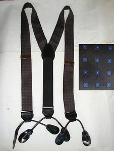 Men's Adjustable Suspenders/Braces, Brown w/Blue, Made in England, Silk/Leather - Picture 1 of 7