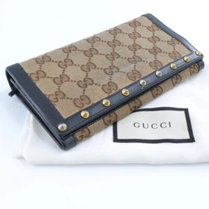 AUTH GUCCI GG CANVAS LONG WALLET PURSE STUDDED LEATHER BROWN LADIES - Picture 1 of 12