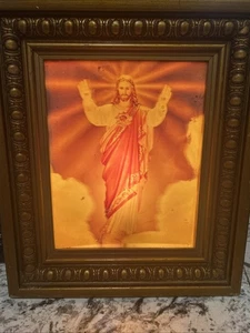 VTG LENTICULAR Jesus Back Light SACRED HEART ORNATE GOLD WOODEN FRAME 3D/VIDEO - Picture 1 of 13