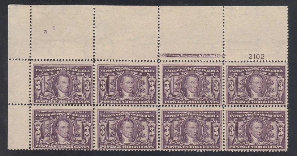 US Stamp #325 Ave-F NH Top Plate # Block of 8 - Pristine! CV $2,090 - Image 1 of 2