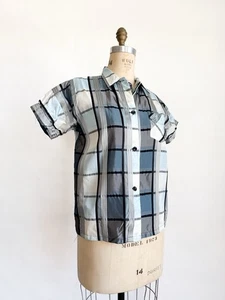 Vintage 1950s Blue Silver Plaid Taffeta Tommies Blouse Top Man Tailored M - Picture 1 of 8