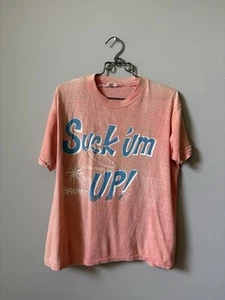 VINTAGE RARE! 1970s "SUCK 'UM UP!'' HAWAII SUN FADED SALMON PINK SURF T SHIRT. - Picture 1 of 10