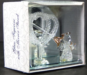 VTG GREENBRIER HAND SPUN BLOWN GLASS HEART & ANGEL FIGURINE ON MIRROR STAND NIB - Picture 1 of 8