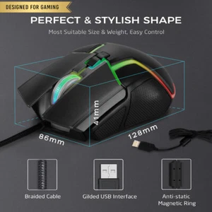 RGB Gaming Mouse - for PC PS4 Xbox One - Wired USB - Adjustable 500 to 6400 DPI - Picture 1 of 11