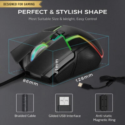 RGB Gaming Mouse - for PC PS4 Xbox One - Wired USB - Adjustable 500 to 6400 DPI - Image 1 of 4