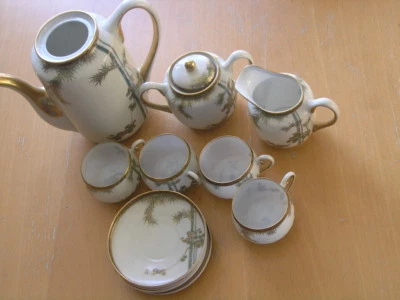 Antique 12pc Signed Satsuma Presentation Tea Set Hand Painted Gilt Bamboo Leaves - Image 1 of 4