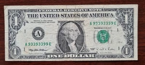 1995 One Dollar Bill $1 FANCY SERIAL NUMBER 93393399 Federal Reserve Note #81480 - Picture 1 of 2
