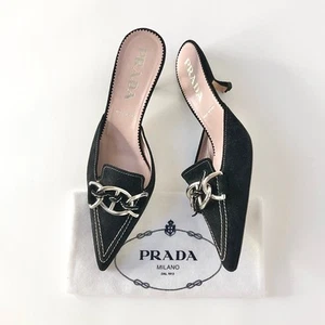Prada Retro Vintage Chain Suede Pointed Toe Kitten Heel Mules Pumps 37 - Bild 1 von 12