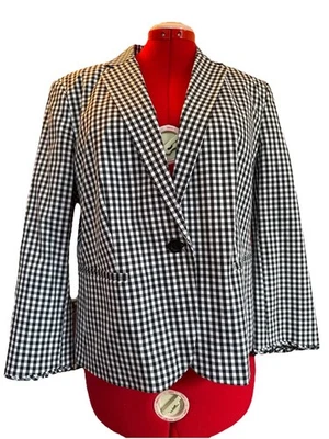 Ann Taylor Black & White Gingham Checked Cotton Jacket 16 One Button 3/4 Sleeve - Image 1 of 4