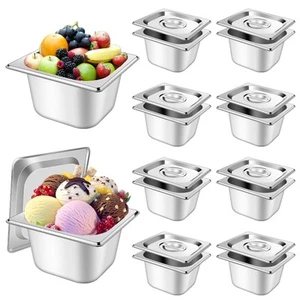 10 Set 1/6 Size Stainless Steel Hotel Pans with Lids 4" Deep Steam Table Pan ... - Picture 1 of 7