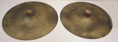 VINTAGE PAIR 12" DIAMETER CRASH CYMBALS W/WOODEN HANDLES - Image 1 of 4