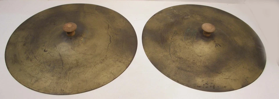 VINTAGE PAIR 12" DIAMETER CRASH CYMBALS W/WOODEN HANDLES - Image 1 of 4