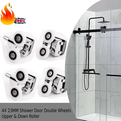ROMAN 23mm Shower Door Rollers - Double Bottom Wheels Runners Easy 2 Upper & 2 Lower