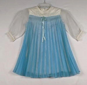 Abito bambina vintage anni 70 Penneys Carol Evans retrò taglia 7 plissettato blu bianco - Foto 1 di 15