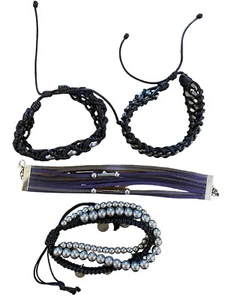 4 Bracelets 3 Pull Strings Silver and Black 1 Multi-Strand Gray & Purple Leather - Picture 1 of 5