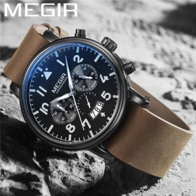 MEGIR Hombre Cuero Reloj Deportivo Calendario Luminoso Impermeable Cuarzo Reloj Pulsera  Foto 1 de 4