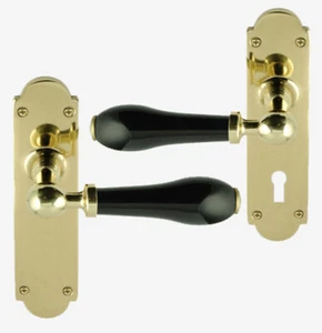 Black Porcelain Lever Door Handle On Backplate Polished Brass - Picture 1 of 3