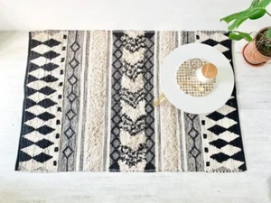 Cotton Area Rug Beni Ourain Handmade Black Berber Carpet Home Floor Decor Mat  - Picture 1 of 5