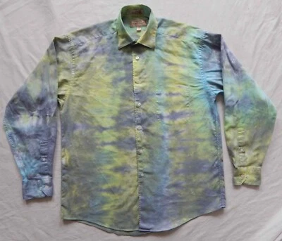 Camisa Tie Dye Púrpura Verde Amarillo Rayas Manga Larga Abotonada Mediana Hecha a Mano Foto 1 de 4