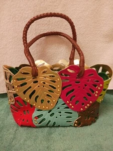 Beverly Feldman Satchel Tote Bag Leather an Red Gold Green OrangeF - Picture 1 of 14