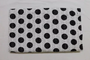 Black Polka Dot Queen Size Indian Kantha Quilt Cotton Blanket Vintage Bedspread - Picture 1 of 3