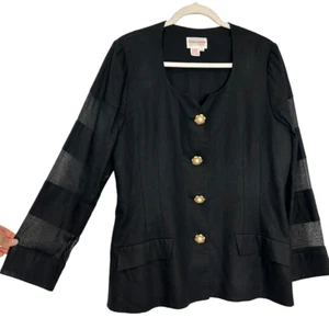 David Warren New York Womens Black Linen Blazer Jacket Sheer Sleeve Pearl Button - Picture 1 of 16