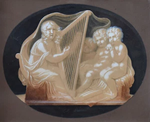 LOUIS BERTIN PARANT-French Realist-Original Signed Gouache-Cherubs with Harp - Picture 1 of 11
