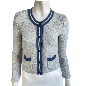 Cárdigan de punto de tweed Aerie XS cuello redondo azul blanco ribete bolsillos suéter preppy - Imagen 1 de 13