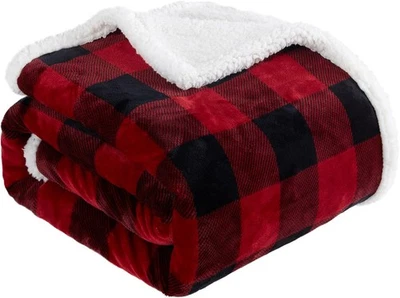 Manta Doble Navidad Touchat Sherpa Rojo y Negro Búfalo Cuadros 60" X 70", Fuz Foto 1 de 4