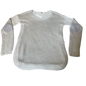 Alya Womens Knit Sweater Sz S Beige V-Neck Long Sleeve w/Elbow Patches Pullover - Picture 1 of 9