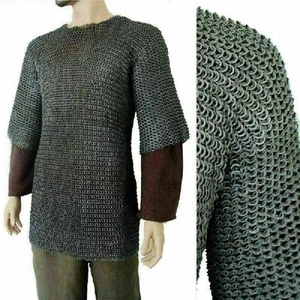 Hauberk 9 mm Flat Ring Chainmail Shirt SCA Larp Riveted Steel Chainmail Shirt - Picture 1 of 6